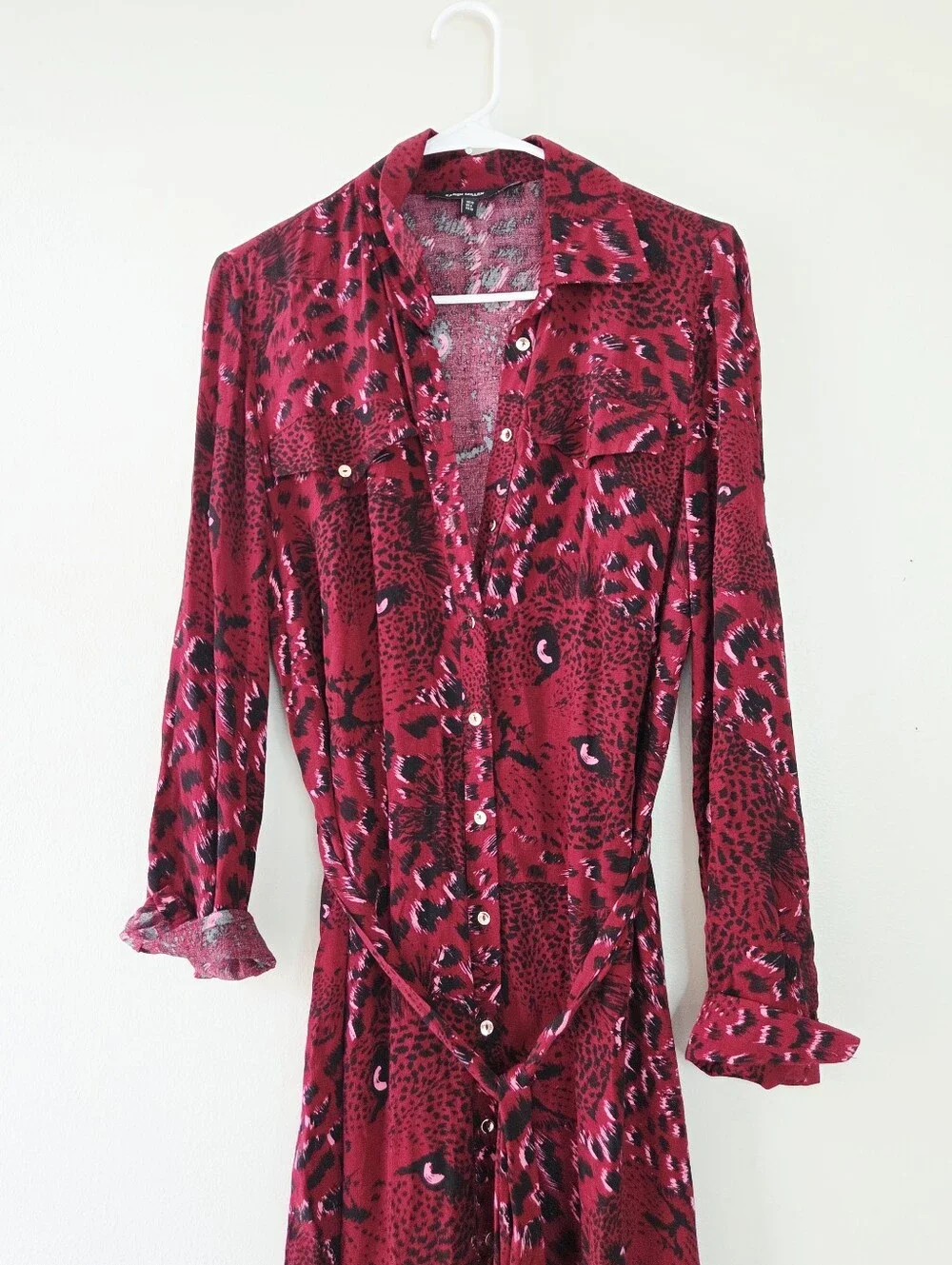 Karen Millen Leopard head woven midi shirt dress Red Burgundy Size 6